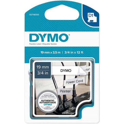 Feliratozógép szalag flexibilis Dymo D1 S0718050 19mmx3,5m, ORIGINAL, fehér/fekete